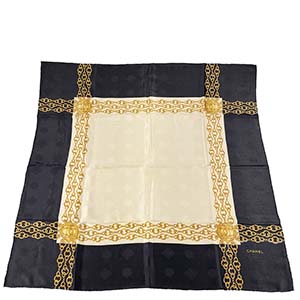 シャネル シルク アイボリー ネイビー スカーフ