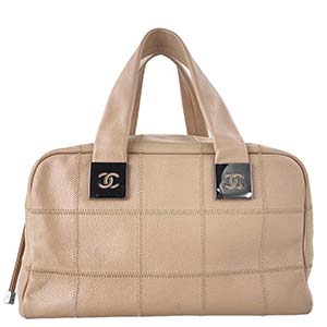 シャネル チョコバー キャビアスキン ベージュ シルバー金具 ハンドバッグ