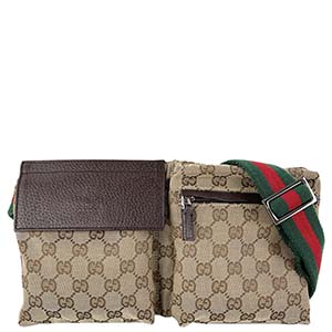 グッチ オールドグッチ シェリーライン GGキャンバス レザー ベージュ ブラウン ウエストバッグ