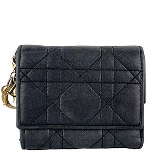 ディオール レディディオール ロータスウォレット カナージュ ラムスキン ブラック 三つ折り 財布