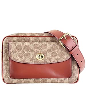 コーチ シグネチャー PVC レザー ベージュ レッド カメラバッグ ショルダーバッグ