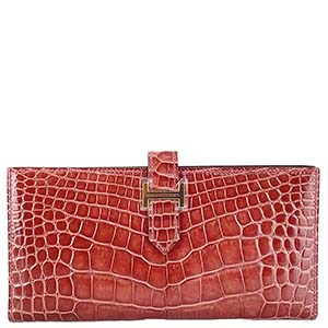 エルメス ベアン スフレ アリゲーター レッド 二つ折り 長財布