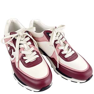 シャネル CCロゴ カーフスキン スエード レッド ピンク ホワイト スニーカー