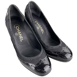 シャネル パーフォレーション パテント ブラック ウェッジソール パンプス