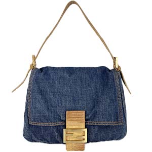 フェンディ マンマバゲット デニム レザー ブルー ショルダーバッグ