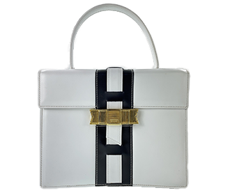 レザー ホワイト ブラック リボン金具 ハンドバッグ